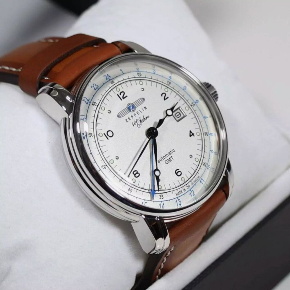 Zeppelin GMT Men's Stainless Steel Brown Leather Strap Watch - Picture 2 of 7